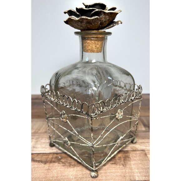 Decorative Glass Bottle With Metal Rose Top & Wire Cage - Picture 2 of 7